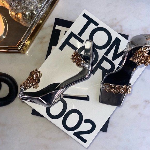 Versace Gold Medusa Chain Leather Sandal in Silver Mixed Metals - Picture 4 of 16